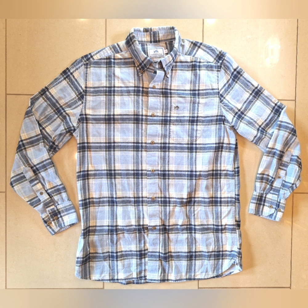 Southern Tide men's blue plaid long-sleeved button-down shirt- size large